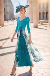 V-Neck A-Line Princess Floral Ankle-Length Dress for the Mother of the Bride with 3/4 Sleeves