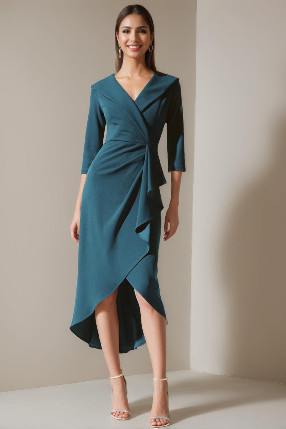V-Neck A-Line Princess Gown with 3/4 Sleeves and Asymmetrical Ruffle for the Mother of the Bride