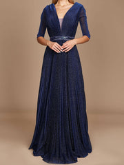 V-Neck A-Line Princess Gown with 3/4 Sleeves for the Mother of the Bride