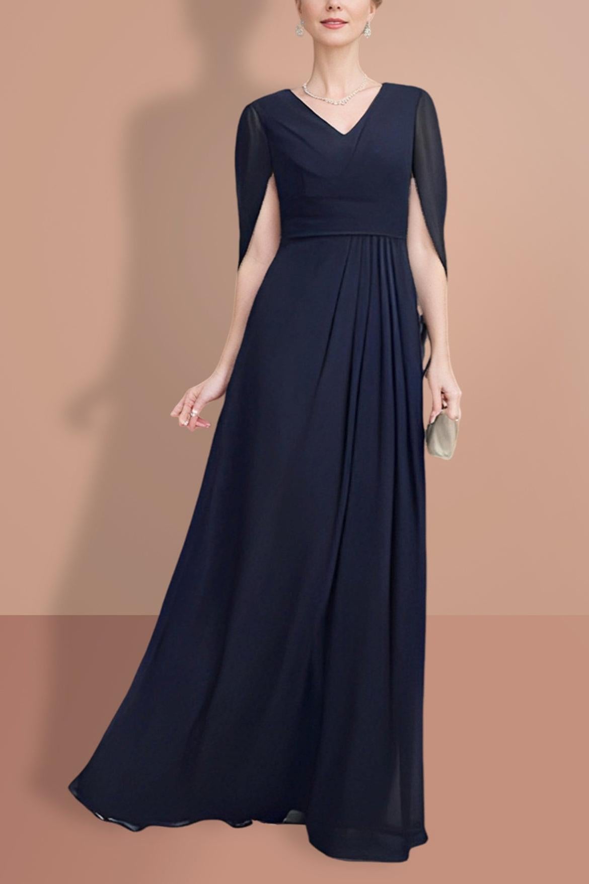 V-Neck A-Line Princess Mother of the Bride Dress with Half Sleeves
