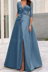 V-Neck A-Line Princess Mother of the Bride Dress with Side Split and Half Sleeves