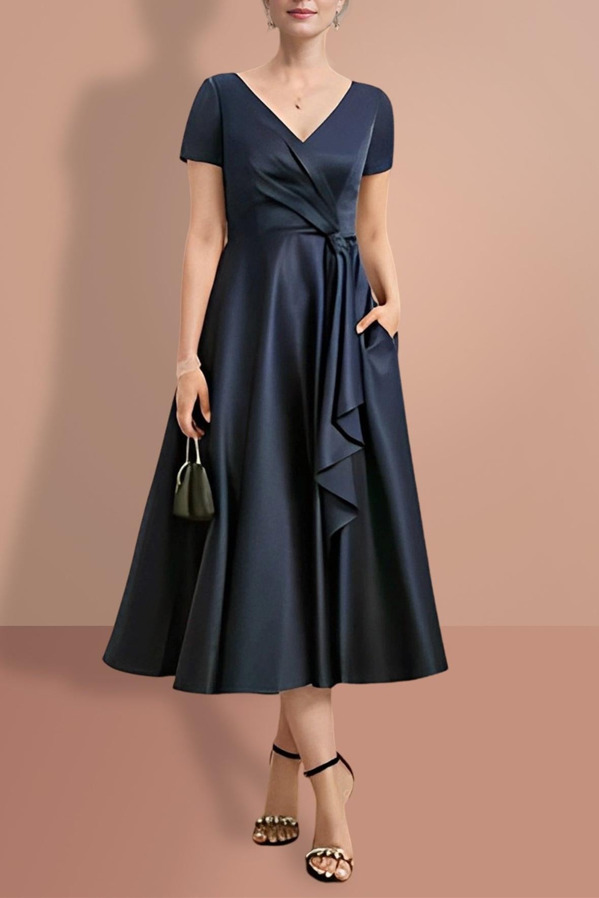 V-Neck A-Line Princess Short-Sleeve Mother of the Bride Dress