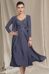 V-Neck A-Line Princess Tea-Length Dresses for the Mother of the Bride