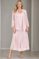 V-Neck A-Line Princess Two-Piece Plus Size Mother of the Bride Dress with Jacket and Sequins in Tea-Length