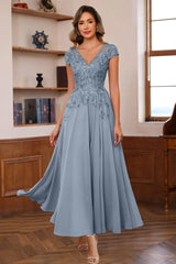 V-Neck A-Line Short Sleeve Ankle-Length Mother of the Bride Dress with Lace Appliques
