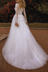 V-Neck A-Line Wedding Dresses With Long Sleeves Lace/Tulle and Appliques Lace