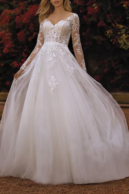 V-Neck A-Line Wedding Dresses With Long Sleeves Lace/Tulle and Appliques Lace