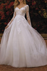 V-Neck A-Line Wedding Dresses With Long Sleeves Lace/Tulle and Appliques Lace