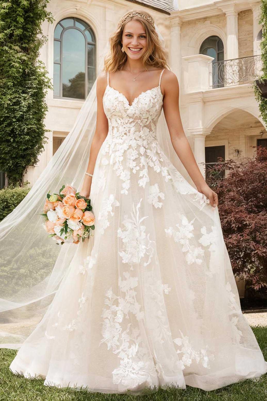 V Neck A-Line/Princess Tulle Lace Wedding Dresses With Appliques Lace