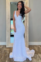 V-Neck Beaded Mermaid Prom Dress With Side Illusion Formal Evening Gown