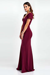 V-Neck Burgundy Wedding Guest Dress Short Sleeves Long Formal Dress