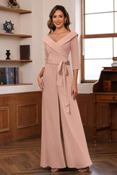 V-Neck Chiffon Jumpsuit with Ruched Detail and 3/4 Sleeves for the Mother