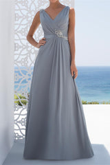 V-Neck Floor-Length A-Line Mother of the Bride Princess Dress