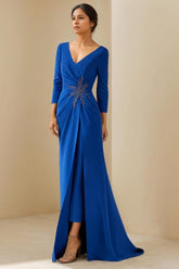 V-Neck Floor-Length Mother of the Bride Dress With 3/4 Sleeves Ruffles Beading & Appliques