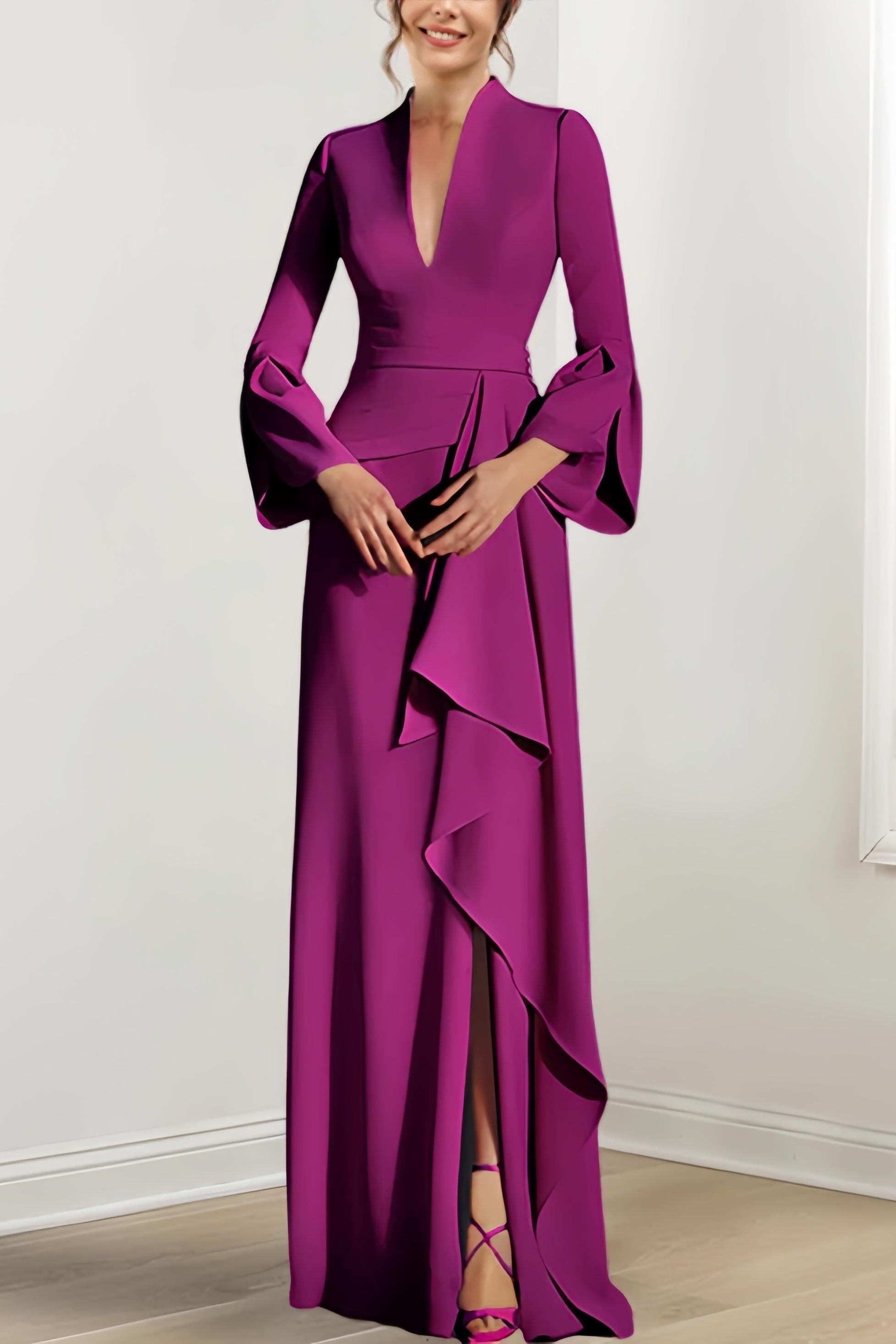 V-Neck Floor-Length Mother of the Bride Dress With Side Split and Long Sleeves