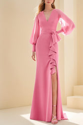 V-Neck Floor-Length Sheath Gown with Ruffles for the Mother of the Bride