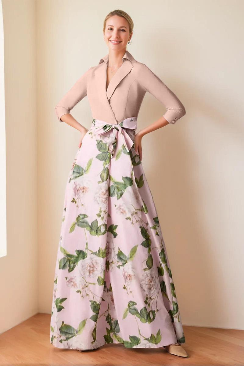 V-Neck Floral Print Mother of the Bride Dress with Bow Belt A-Line/Princess Cut and 3/4 Sleeves
