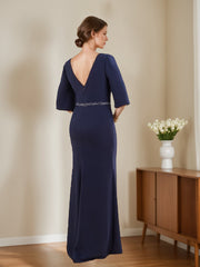V-Neck Half-Sleeve Sheath/Column Dress for Mothers of the Bride & Groom with Appliques and Side Split