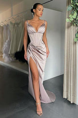 V Neck High Split Mermaid Ruched Long Prom Dress