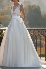 V-Neck Lace Satin Ball-Gown Beach Wedding Dresses