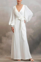 Dreamyannie V Neck Long Sleeves Ankle Length Stretch Satin Wedding Jumpsuit