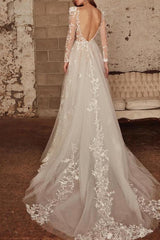 V-Neck Long Sleeves Court Train Lace/Tulle Wedding Dresses