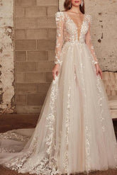 V-Neck Long Sleeves Court Train Lace/Tulle Wedding Dresses