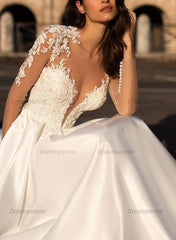 V-Neck Long Sleeves Satin Wedding Dresses With Appliques Lace