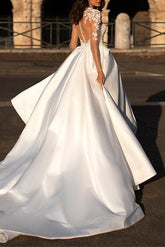 V-Neck Long Sleeves Satin Wedding Dresses With Appliques Lace