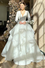 V-Neck Long Sleeves Sweep Train Wedding Dresses