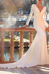 V-Neck Long Sleeves Trumpet Mermaid Lace Beach Wedding Dress