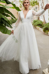 V-Neck Long Sleeves Tulle A-Line Bridal Gowns