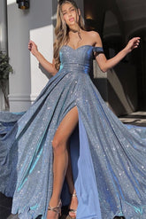 V Neck Off The Shoulder Mermaid Front Split Evening Dress with Sequins