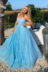 V Neck Prom Dress Blue Tulle Sequin Long Evening Dress