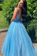 V Neck Prom Dress Blue Tulle Sequin Long Evening Dress