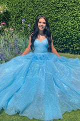 V Neck Prom Dress Blue Tulle Sequin Long Evening Dress