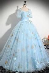 V Neck Prom Dress Tulle Lace Blue Long A Line Sweet 16 Dress Evening Dress