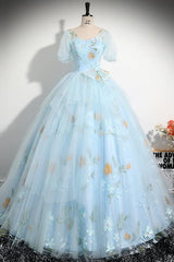 V Neck Prom Dress Tulle Lace Blue Long A Line Sweet 16 Dress Evening Dress