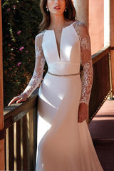 V Neck Satin Lace Court Train Beach Wedding Dresses With Lace