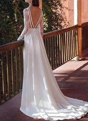 V Neck Satin Lace Court Train Beach Wedding Dresses With Lace