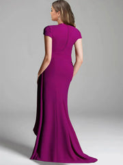 V-Neck Short Sleeve Plus Size Mother of the Bride Floor-Length Sheath Dress with Side Split