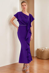 V-Neck Short-Sleeve Sheath Dress with Ruffles and Rhinestones for Mothers of the Bride & Groom
