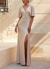 V Neck Short Sleeves Sequined Bridesmaid Dresses With Split Front