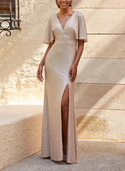 V Neck Short Sleeves Sequined Bridesmaid Dresses With Split Front