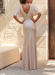 V Neck Short Sleeves Sequined Bridesmaid Dresses With Split Front