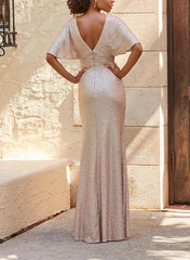 V Neck Short Sleeves Sequined Bridesmaid Dresses With Split Front