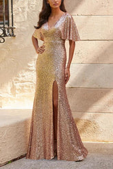 V Neck Short Sleeves Sequined Bridesmaid Dresses With Split Front