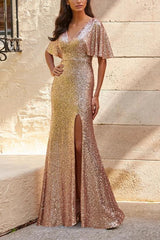 V Neck Short Sleeves Sequined Bridesmaid Dresses With Split Front