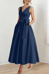 V-Neck Sleeveless A-Line Princess Ankle-Length Mother of the Bride Dress with Ruffles & Pockets