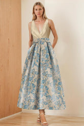 V-Neck Sleeveless A-Line Princess Ruched Floral Printed Mother of the Bride Dress